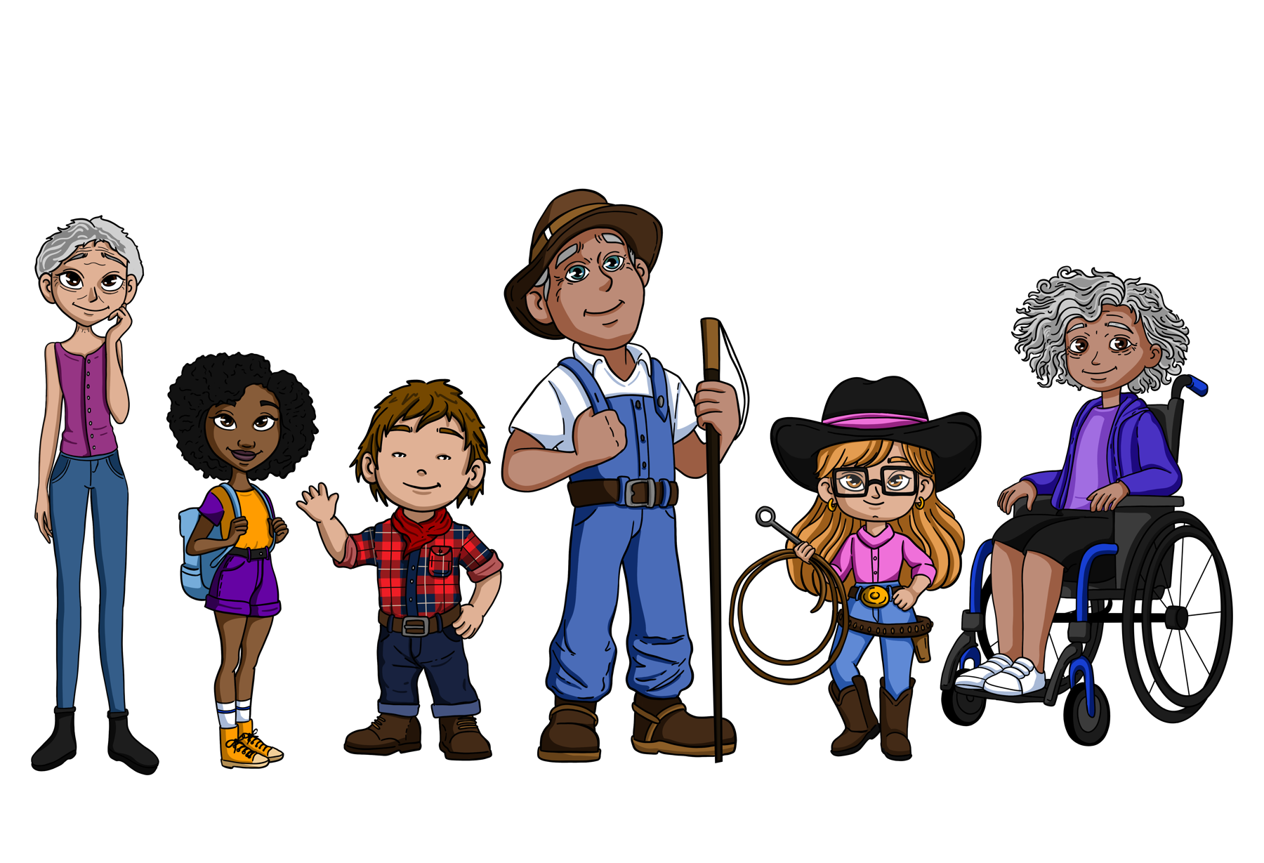 Personagens ilustrados do Colégio Viola e Maria: uma família com avós e crianças